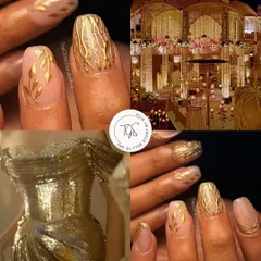 A mood board for a grand, golden wedding. This collage connects an elegant gold leaf and textured nail set with images of a lavish wedding venue and a golden couture gown.