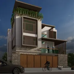 Another render of the Srinidhi Residence, showcasing its modern facade with a mix of stone cladding, wood, and large glass windows. The design incorporates multiple balconies and a green roof.