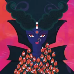This is my depiction of the goddess in her fierce form, as seen by those who challenge righteousness. The intense colors and sharp lines are meant to convey her untamable power and strength.