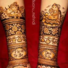 A complete and detailed baby shower design celebrating both parents. I included "Mom To Be" and "Dad To Be" text, portraits, and depictions of deities like Krishna and Lakshmi to shower the family with blessings.