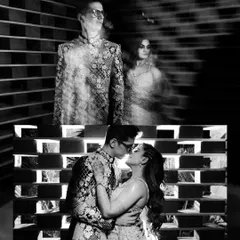 A black and white collage using long exposure and creative lighting to produce ghostly, artistic portraits of the couple. This technique adds a layer of mystery and drama.