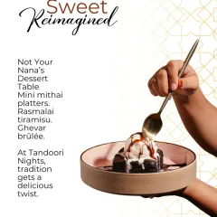 Sweet, reimagined. We give traditional desserts a delicious twist with offerings like mini mithai platters, Rasmalai tiramisu, and Ghevar brûlée, as shown in this image of a rich brownie with ice cream.