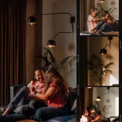 A couple sharing a laugh on their sofa, bathed in warm, ambient light. This collage captures the relaxed and playful nature of an at-home shoot.