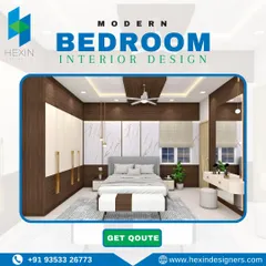 This modern bedroom design focuses on clean lines and a neutral color palette. The wardrobe features a dual-tone finish, and the false ceiling incorporates both recessed and pendant lights for varied lighting options.