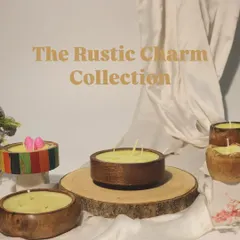 Earthy, elegant, and giftable. This image showcases our Rustic Charm Collection, featuring a variety of our hand-poured candles in beautiful, natural wooden bowls and containers.