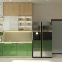 A vibrant and fresh kitchen concept pairing glossy green lower cabinets with light wood-finished uppers. The design is grounded by a white herringbone tile backsplash and open shelves for a personalized touch.