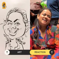 The magic is in the reaction. On the left is my art, a black and white ink sketch capturing her vibrant personality. On the right is the real treasure, a heartfelt laugh that makes my work worthwhile.