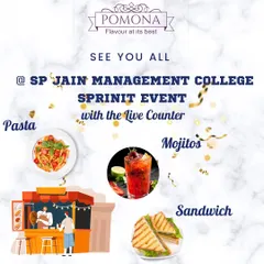 An announcement for my live counter at the SP Jain Management College 'Sprint' event. I served a popular menu of pasta, sandwiches, and mojitos to students and faculty.