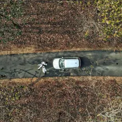 A top-down drone shot of a couple next to their car on a forest road. This image tells a story of a journey and adventure, using the natural lines of the road to create a compelling composition.