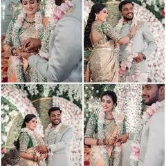A four-part collage showing the happy moments of the ring and garland exchange. The couple's smiles and interactions are the highlight of the ceremony.