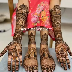 Here is a complete bridal mehendi set, with matching intricate designs for both hands and feet. I ensure the patterns flow beautifully from the arms down to the toes for a stunning head-to-toe look.