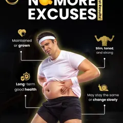 Excuses don't deliver results, but consistent effort does. This graphic illustrates the choice between stagnation and achieving a slim, toned, and strong body with long term good health through our programs.