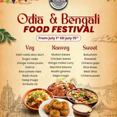 We bring the authentic flavors of East India to your plate. This menu poster for our Odia and Bengali Food Festival details the distinct vegetarian, non-vegetarian, and sweet dishes available, from Mutton Kassa and Machha Besara to Mishti Doi.