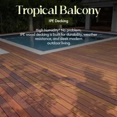 Imagine this being your backyard. This is a poolside area we transformed with IPE wood decking. It’s a luxury material known for its incredible durability and resistance to humidity, making it perfect for a sleek, modern outdoor living space that stays beautiful for years.