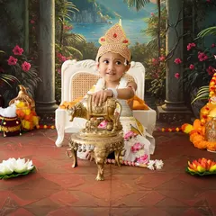 A little girl dressed as Krishna, seated on a miniature throne. The vibrant backdrop and traditional props like the brass cow and lotus flowers complete this divine setup.
