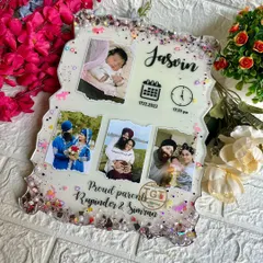 This frame is a complete story of a new family, capturing the baby's first photo alongside pictures of the parents' journey.