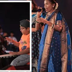 A core memory from our 2025 annual concert. This image captures the beautiful blend of vocal performance and instrumental music, showcasing a student on the djembe.