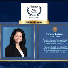 Our Senior Partner, Purnima Kamble, has been recognized by Chambers and Partners Asia-Pacific for her leadership and in-depth expertise. The guide notes her prominence in Hyderabad's legal market, particularly in handling high-value real estate mandates.