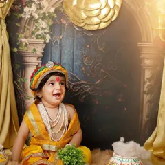 The laughter of a child is pure magic. This happy little Krishna enjoys his photoshoot, surrounded by pots of butter and festive decorations.
