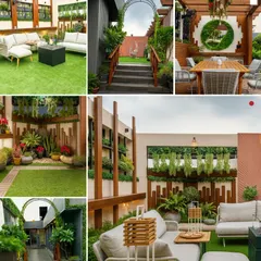 We offer endless possibilities for your rooftop oasis. This collage showcases a variety of our terrace projects, from grassy lawns and wooden pergolas to intricate vertical garden features.