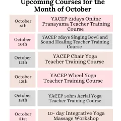 Don't miss these upcoming courses in October. We have trainings in Pranayama, Sound Healing, Chair Yoga, Aerial Yoga, and more.