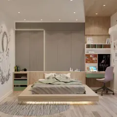 This modern bedroom features a floating bed with under-lighting and a fully integrated study corner. The desk is built into the wall unit, which includes a pinboard and shelving, creating a seamless and space-saving work area.