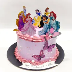 A simple and sweet Disney Princess theme cake with a lovely lavender frosting. The addition of edible butterflies adds a touch of magic to this popular design.