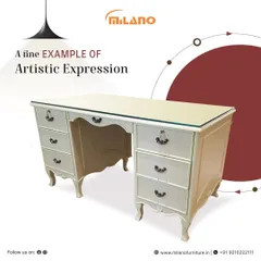 This console table is a fine example of artistic expression in furniture. With its classic carved details, multiple drawers for storage, and an elegant off-white finish, it's perfect for an entryway, hallway, or as a sophisticated desk.