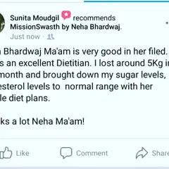 I am so grateful for feedback like this. This client not only lost 5 kg in one month but also successfully brought her blood sugar and cholesterol levels back to a normal range. It highlights my approach of using simple, easy to follow diet plans to achieve significant health goals.