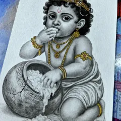 Another view of my Bal Krishna sketch, showing a different angle of the composition. This perspective offers a clearer look at the details on his crown and the cracked earthen pot.