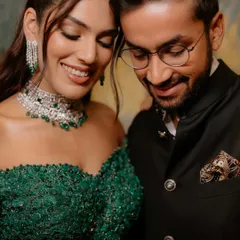 An intimate moment from a reception night. The makeup was designed to be effortlessly timeless, with a focus on glowing skin that looks flawless up close.