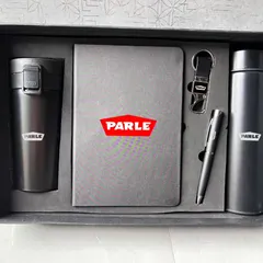 Here is a five-piece corporate gift set for Parle, shown inside its premium box. It includes a temperature flask, travel mug, A5 diary, keychain, and pen, all in a coordinated grey finish.
