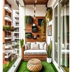 This narrow balcony is transformed into a cozy retreat with a custom wooden bench, an artificial grass floor, and a vertical garden wall. It's a perfect example of maximizing a small outdoor space.