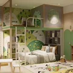 This playful kids' room includes a loft bed with a climbing wall and a fun, nature-themed wallpaper. The design incorporates a wardrobe and open shelving, creating a space for both play and rest.
