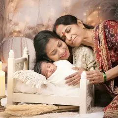 A three-generation photo, with a mother and grandmother lovingly looking at the sleeping newborn in his tiny bed.