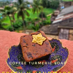 This is my Coffee Turmeric soap, presented in a beautiful dish. It's an excellent anti tan soap that helps reduce dark spots, fight acne, and firm up the skin, leaving it bright and glowing.