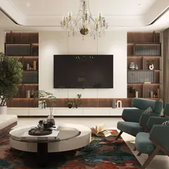 This living room features a custom-built TV unit with integrated shelving and backlighting, creating a sophisticated focal point. The design balances modern aesthetics with warm, homely comfort.