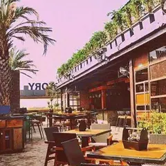 The outdoor seating area of a pub in Gurgaon, designed to feel like a rustic patio. I used large palm trees and planters on the upper level to create a green canopy and a lively atmosphere.