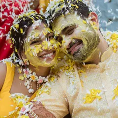 The pure, uninhibited joy of a Haldi ceremony. We love creating vibrant settings with traditional marigolds and flower showers that lead to these priceless, happy moments.