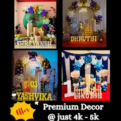 Our premium decor packages, starting from 4k to 5.5k, offer more elaborate themed setups. This collage showcases examples like the Krishna and Boss Baby themes, providing great value for a stunning party.