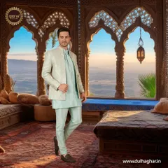 This kurta pajama and jacket set is perfect for any occasion. The light blue kurta paired with a patterned jacket creates a look that is both traditional and stylish.