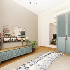 This bedroom design features a calming color palette with a pastel blue TV console and matching wardrobe, creating a serene and cohesive space.