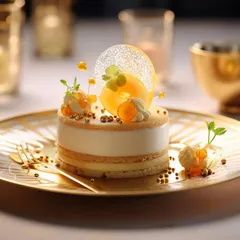 Opulence on a plate. This multi-layered dessert is served on an ornate golden plate, featuring delicate spheres, a sugar crisp, and microgreens. It's a perfect example of our luxury dessert catering for exclusive events.