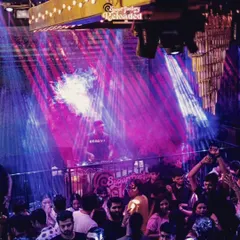 A vibrant shot from a throwback special at Sugar Factory Reloaded. The mix of blue and pink lights with my visuals on the screen creates a dynamic atmosphere that gets everyone moving.