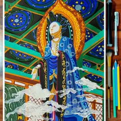 A custom A3 size sketch of a Buddhist deity, created with colored pencils for a client in New Delhi. The intricate details in the clothing and the vibrant background showcase a different style of spiritual art I offer.