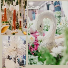 A collage from the floral-themed Satsang, showcasing the elegant swan figures and traditional decor elements that created a dreamy and spiritual atmosphere.