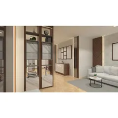 This design uses a stylish partition with mirrored and wooden sections to subtly divide the living area. This solution adds a decorative element while maintaining the open and connected feel of the space.