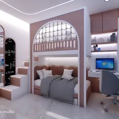 A creative and playful bedroom designed for two sisters, featuring custom bunk beds with an arched design, a dedicated study nook, and soft pastel tones. This space is built for both dreams and homework.