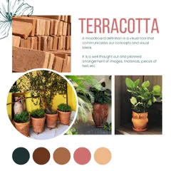 Our terracotta mood board. We champion this age-old material because it's porous, allowing plant roots to breathe, and is completely natural and biodegradable, making it a cornerstone of sustainable gardening.