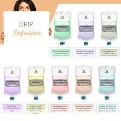 We offer a comprehensive menu of IV Drip Infusions tailored to your specific wellness goals. This graphic showcases some of our most popular options, from the Super Detox and Age Defence drips to specialized formulas like the Skinny Drip for weight management support and the Folli Boost for hair nourishment.
